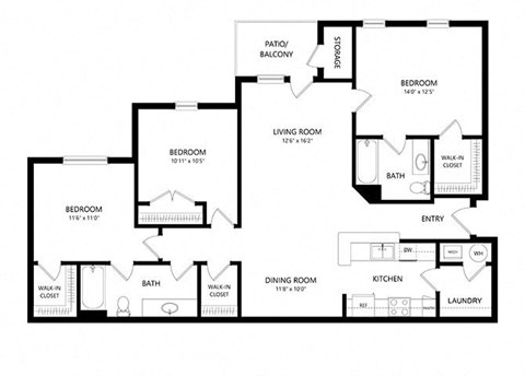 Floor plan for 3 beds, 2 baths, 1350 sqft